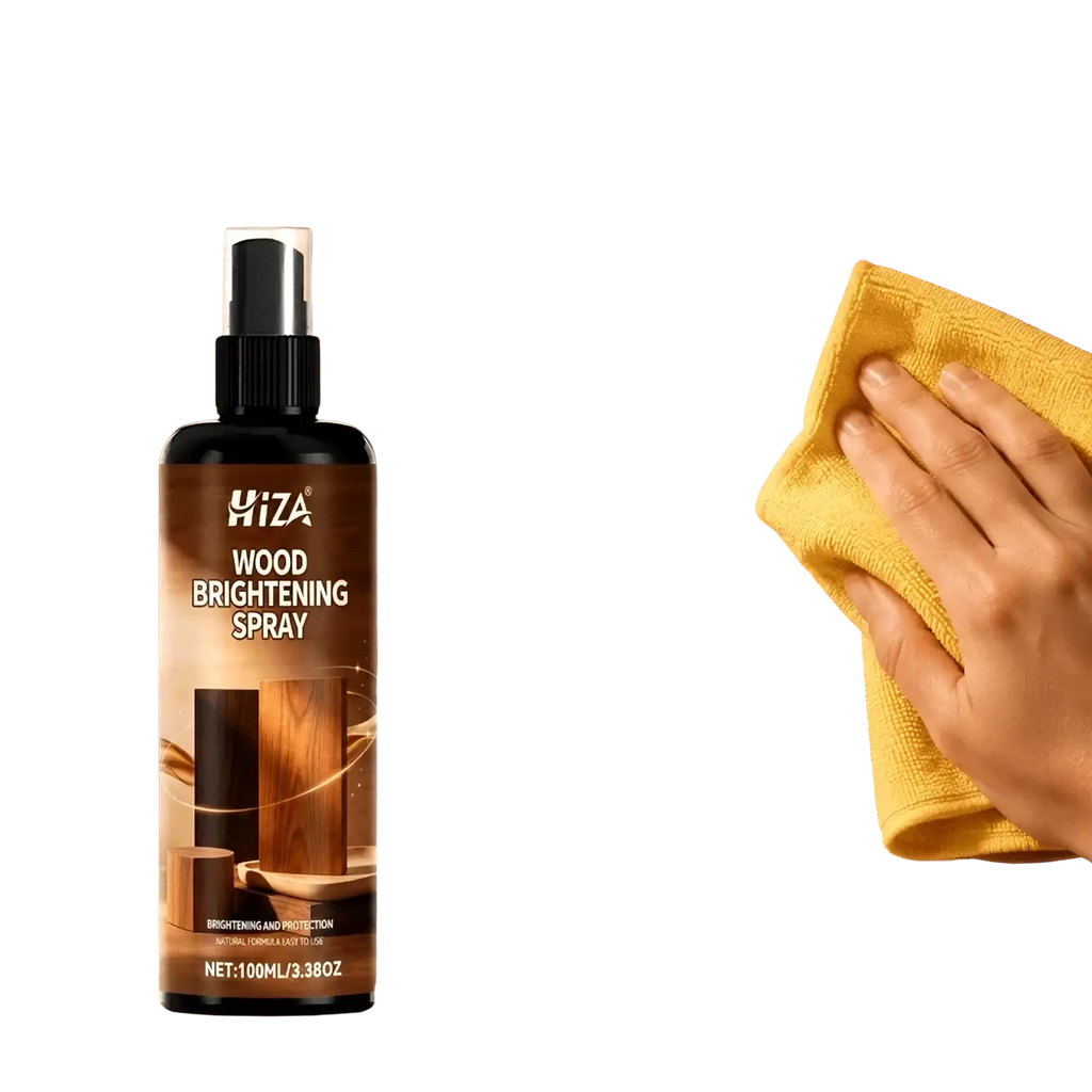 Black spray bottle of hiza wood polish spray and scratch remover with wood brightening and protection label