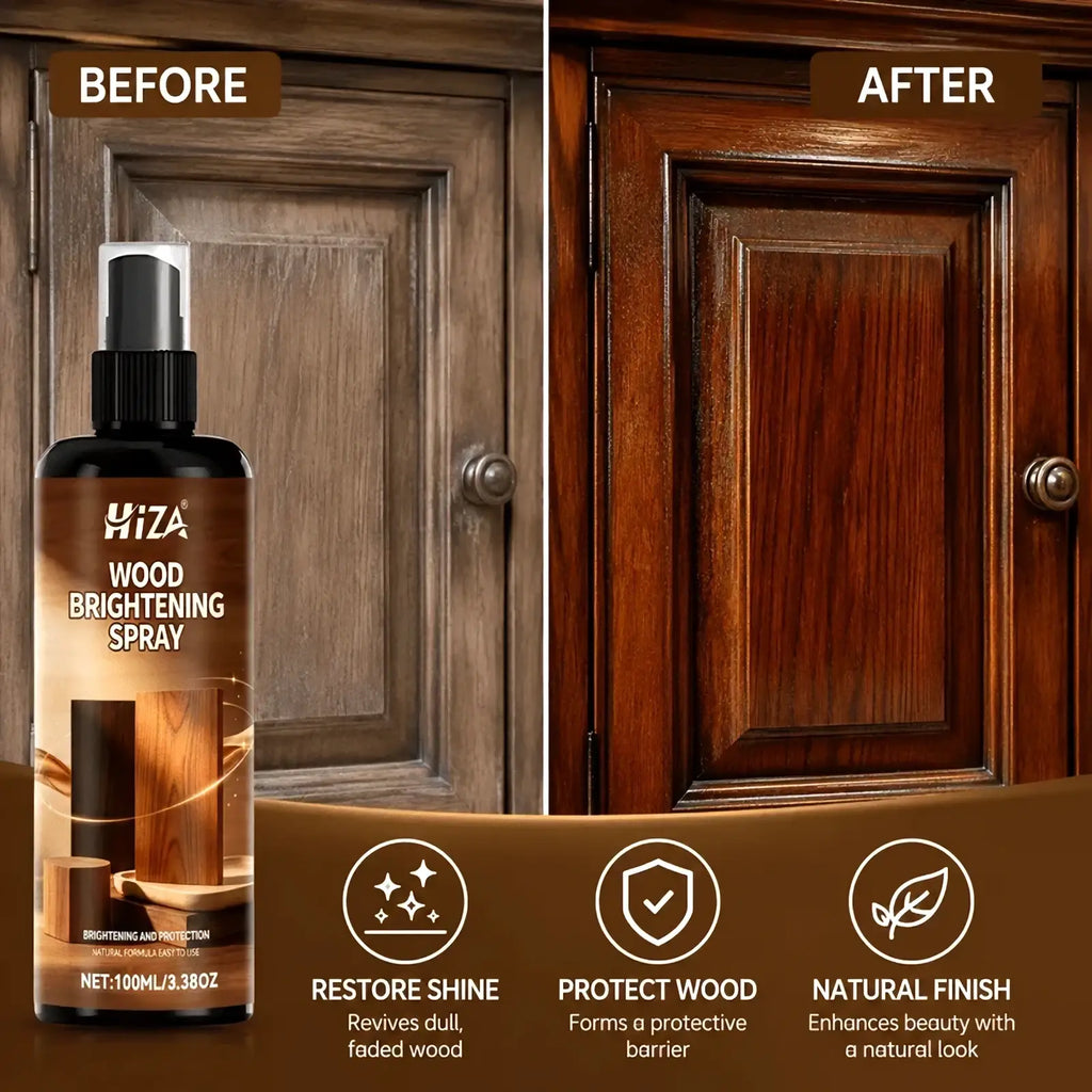 A sleek black spray bottle of hiza wood polish spray and scratch remover with white and gold label text