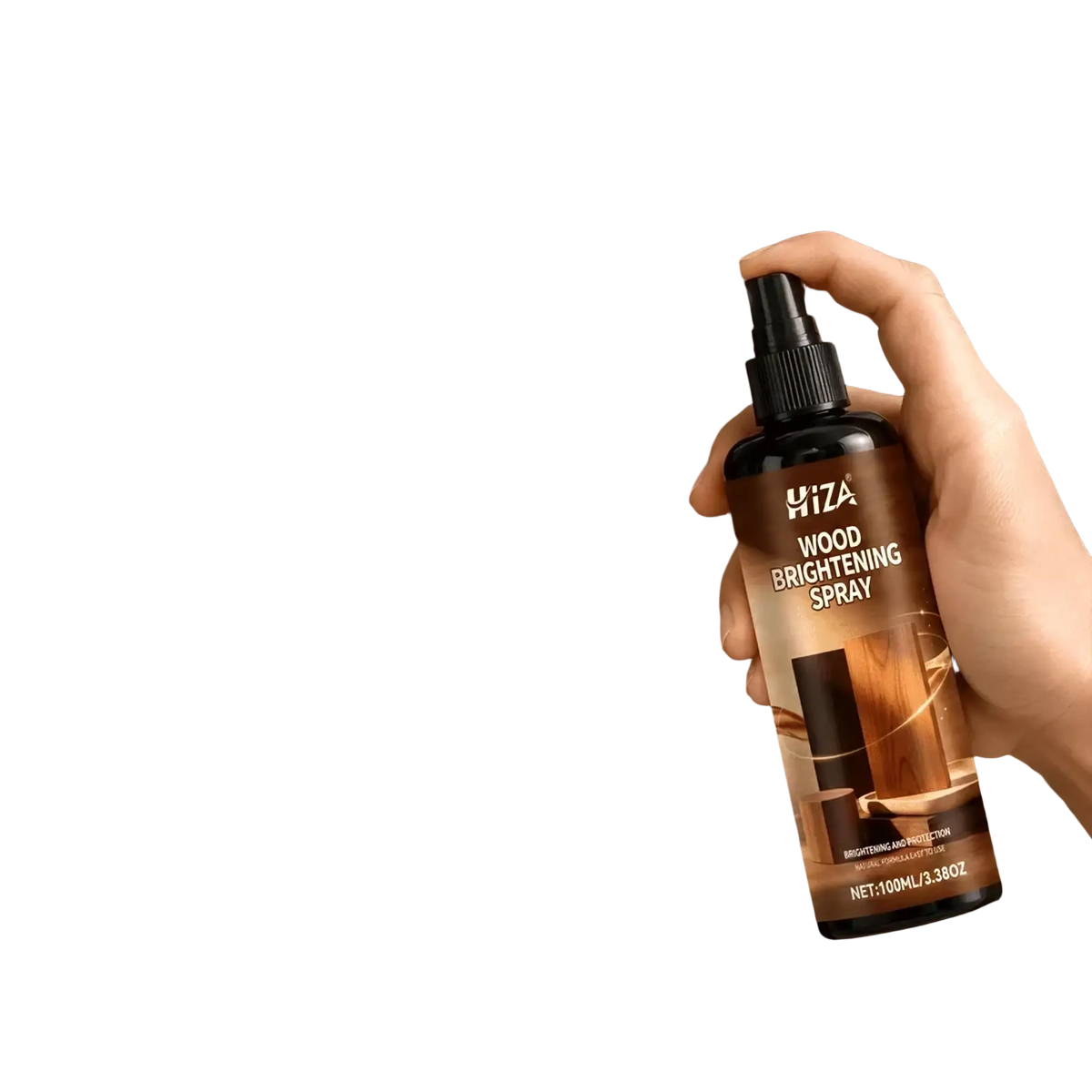 A sleek black matte spray bottle of Hiza wood polish spray with bold white and gold text for wood brightening and scratch removal