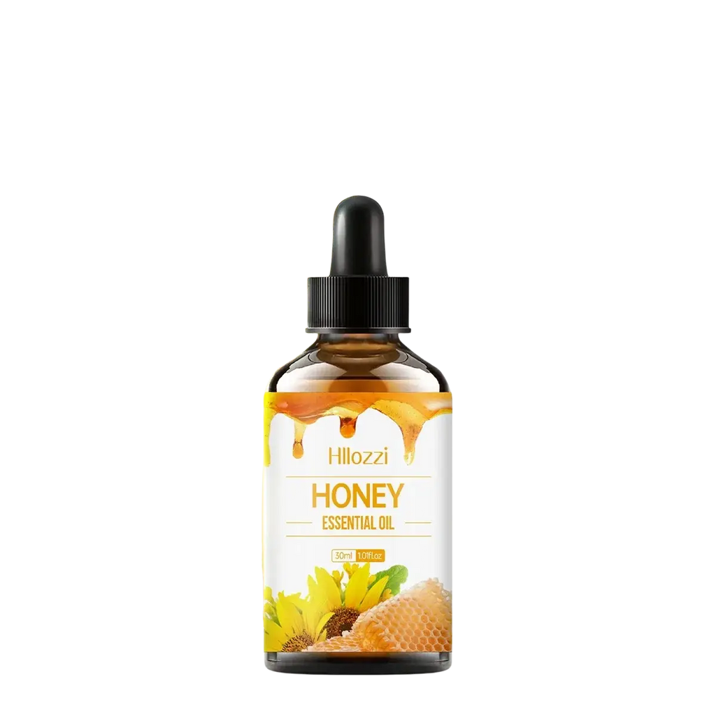 A 50ml amber glass bottle of hloozzi honey essential oil with black dropper cap and honeycomb sunflower label