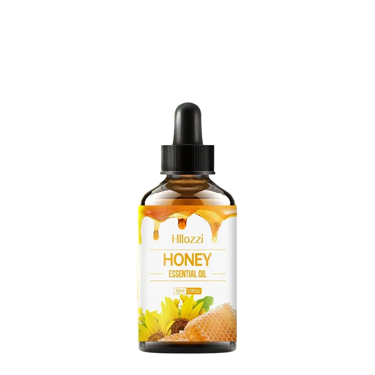 A 50ml amber glass bottle of hloozzi honey essential oil with black dropper cap and honeycomb sunflower label