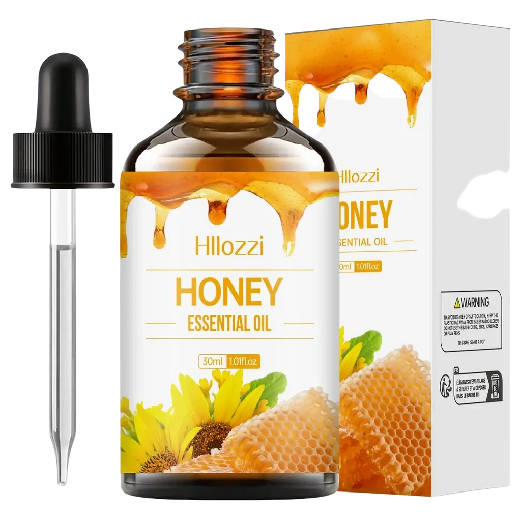 Hloozzi honey essential oil in a 30ml amber glass bottle with black dropper for aromatherapy use