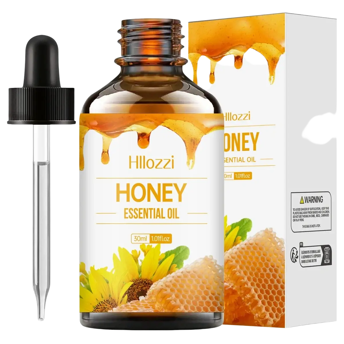 Hloozzi honey essential oil in a 30ml amber glass bottle with black dropper for aromatherapy use