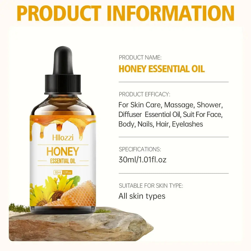 A 30ml amber glass bottle of Hloozzi honey essential oil with a black dropper cap and honeycomb label design