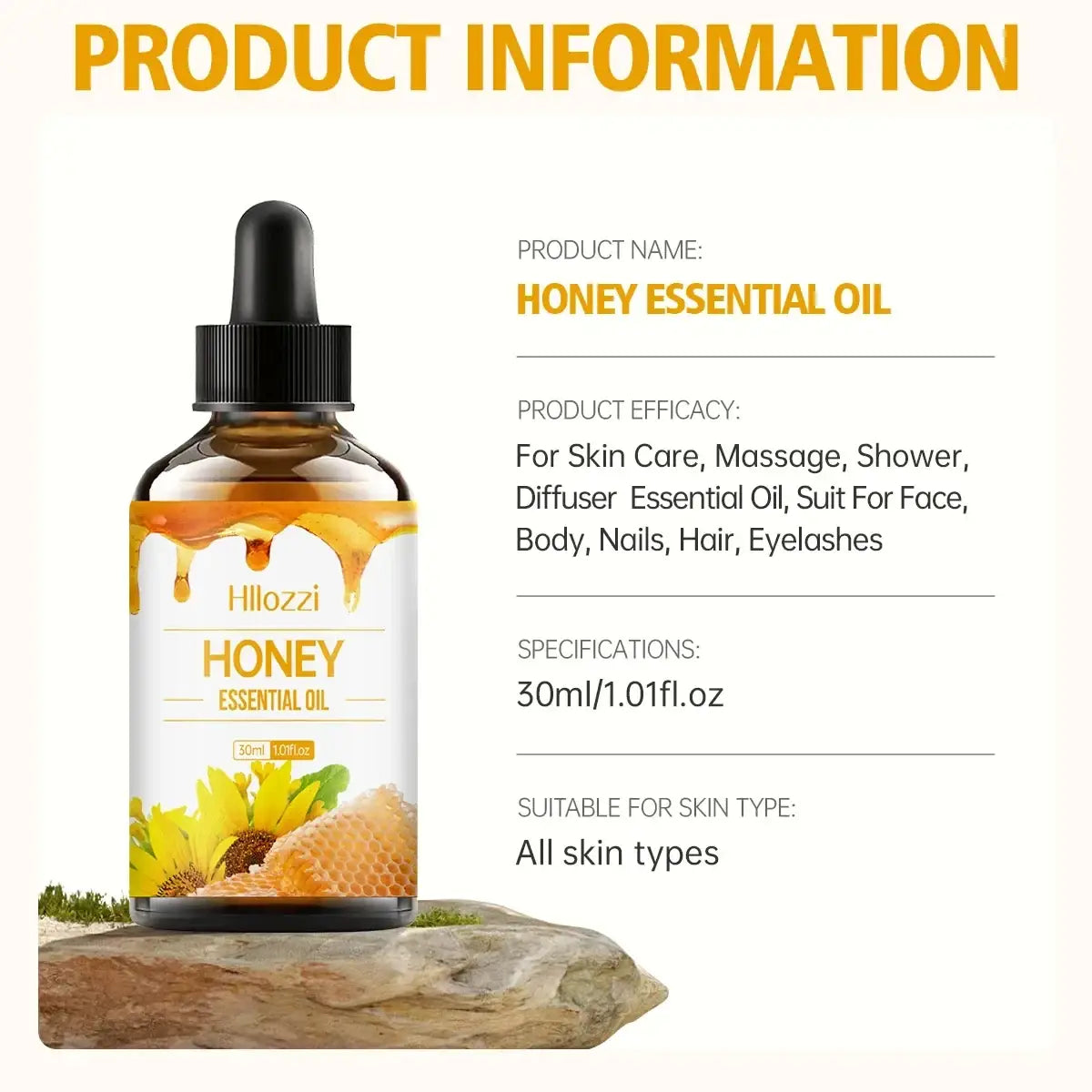 A 30ml amber glass bottle of Hloozzi honey essential oil with a black dropper cap and honeycomb label design