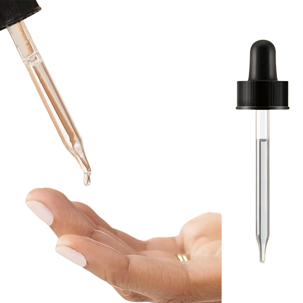 Clear glass dropper with black rubber bulb and ribbed cap for hloozzi honey essential oil 30ml bottle