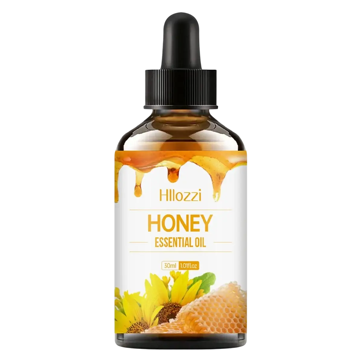 Hloozzi honey essential oil 30ml amber glass bottle with black dropper and sunflower honey-themed label