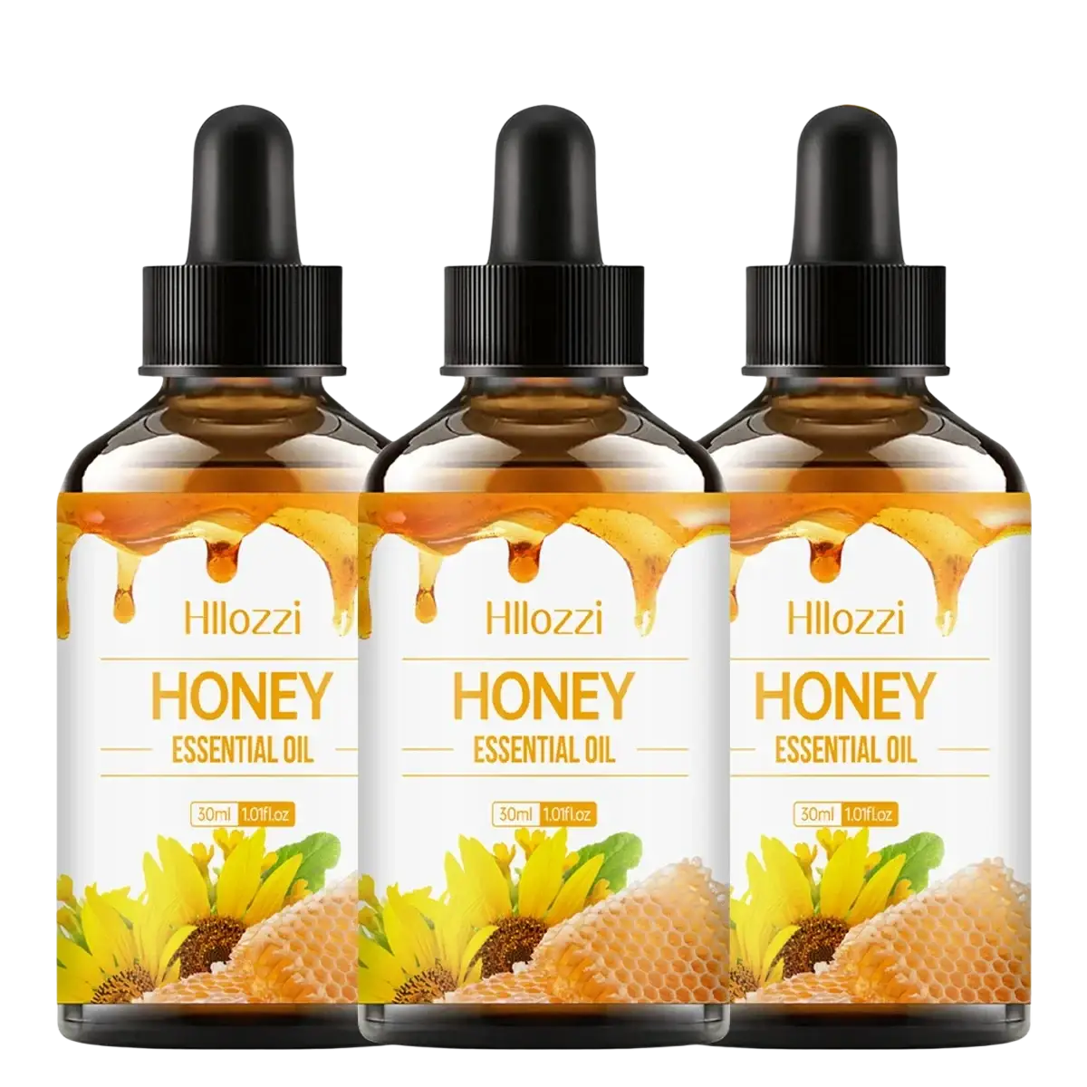 Three amber glass bottles of hloozzi honey essential oil 30ml with black dropper caps and honeycomb labels