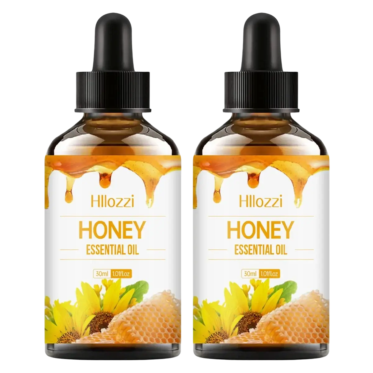 Two amber glass bottles of Hloozzi honey essential oil 30ml with black dropper caps and sunflower honey labels