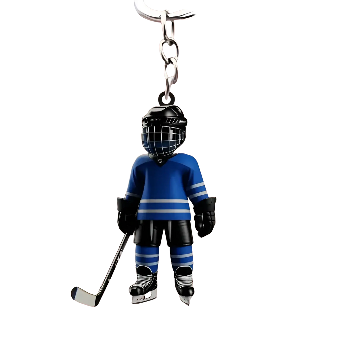 Blue and black 2d flat acrylic hockey goalie keychain with detailed uniform and equipment for sports backpack charm