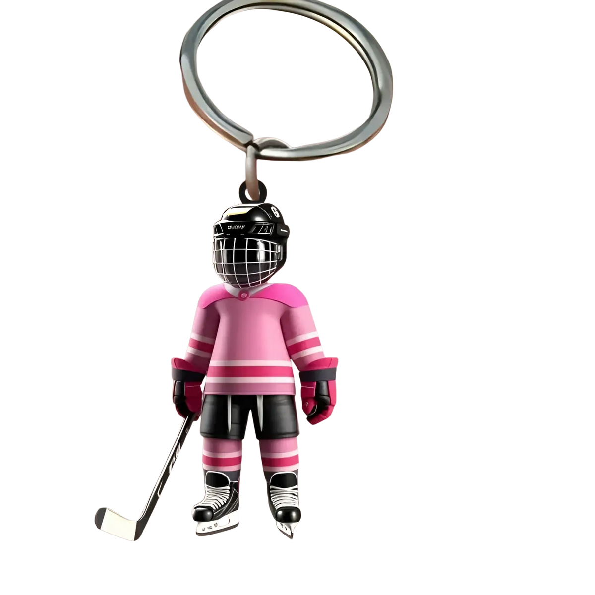 Pink and black 2d flat acrylic hockey goalie keychain with detailed gear for sports backpack charm