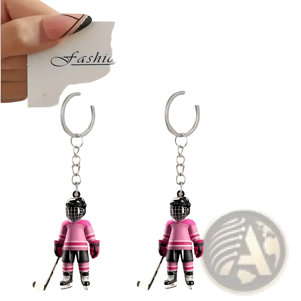Pink and black 2d flat acrylic hockey player keychains with silver chains for sports backpack charm accessories