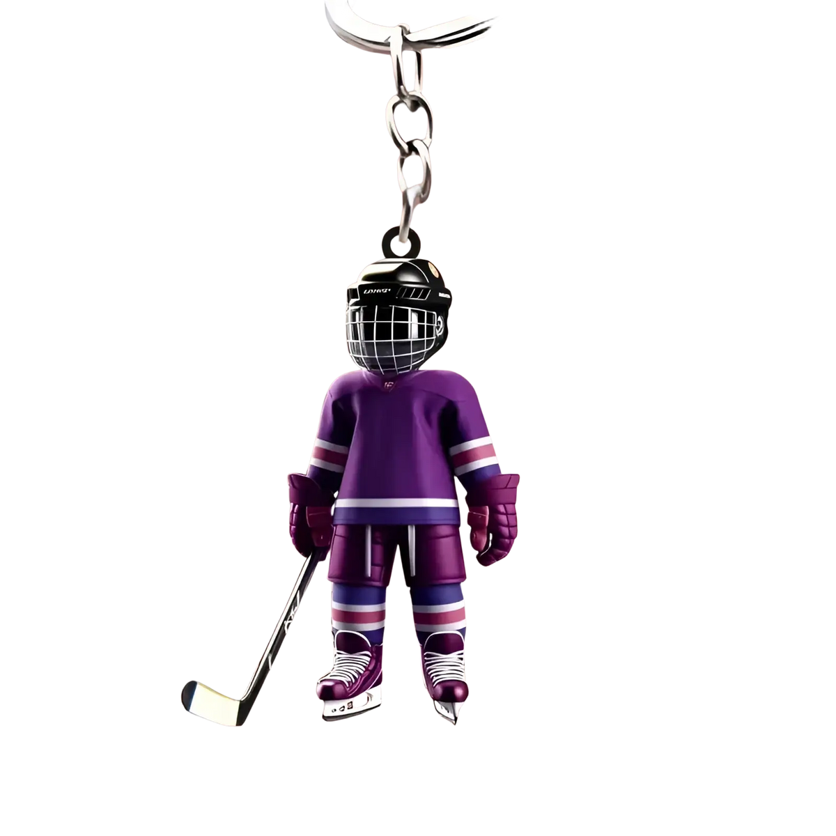 Purple hockey player acrylic keychain with black helmet and silver accents for sports backpack charm