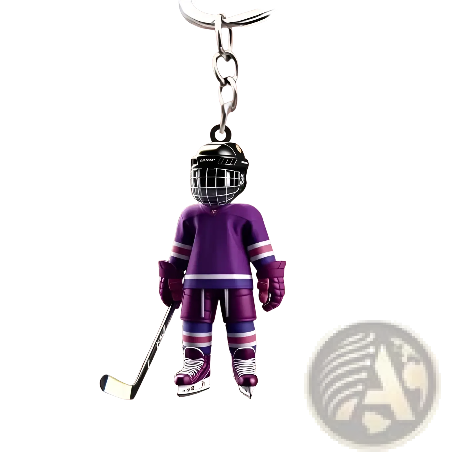 Purple hockey player acrylic keychain with black helmet and silver accents for sports backpack charm