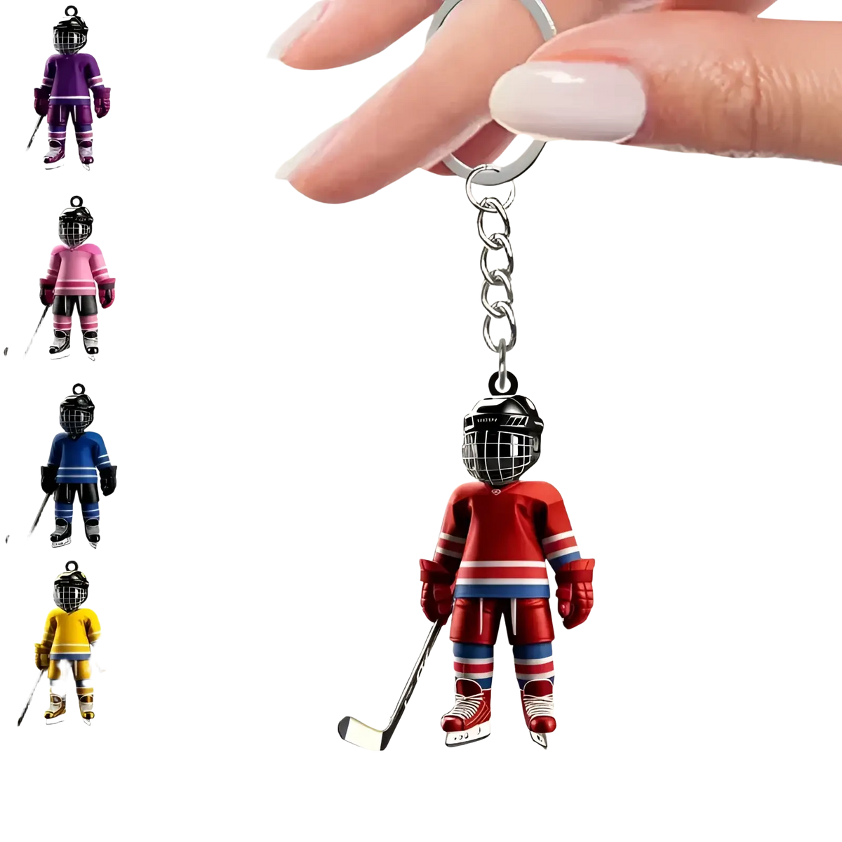 Red hockey player acrylic keychain with black helmet and blue stripes for sports backpack charm made of 2d flat acrylic