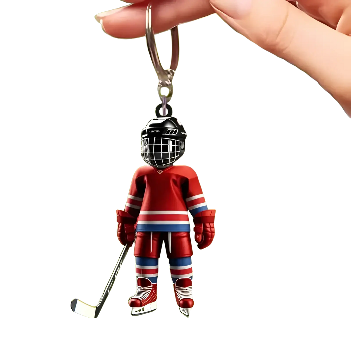 Red and blue hockey goalie acrylic keychain made of 2d flat acrylic for sports backpack charm use