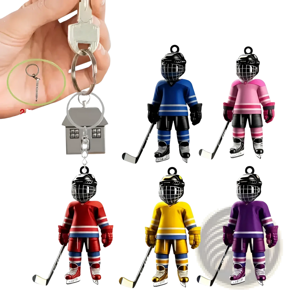 A set of 2d flat acrylic hockey player keychains in vibrant blue pink red yellow and purple for sports backpack charm