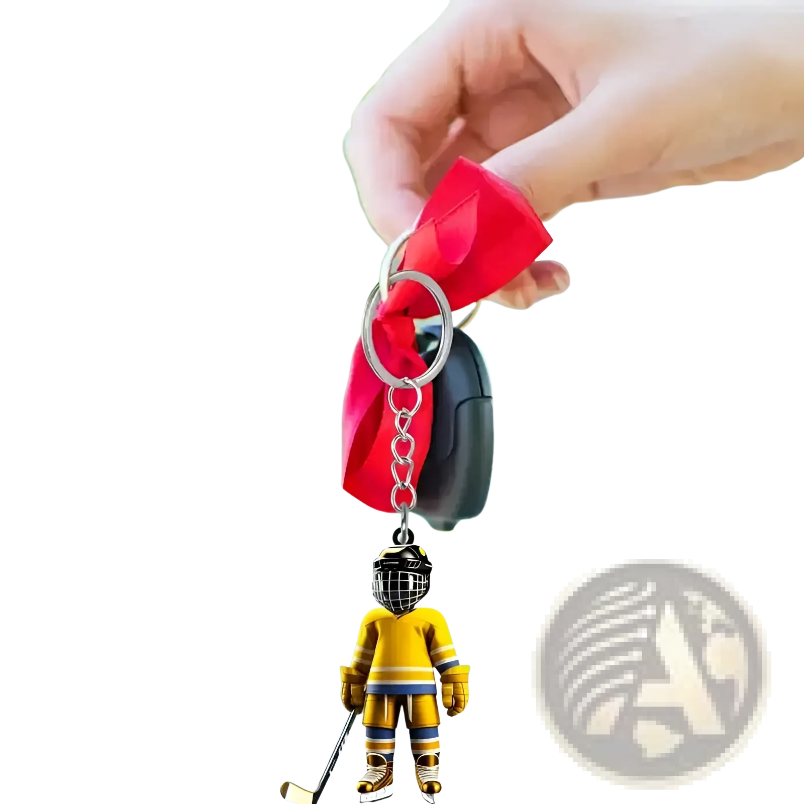 Yellow hockey player acrylic keychain with black helmet and gold accents for sports backpack charm
