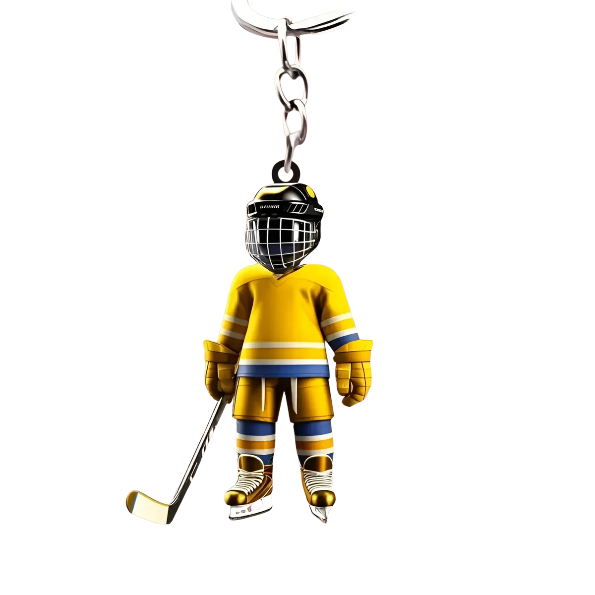 Yellow and blue hockey goalie acrylic keychain with black helmet and gold accents for sports backpack charm