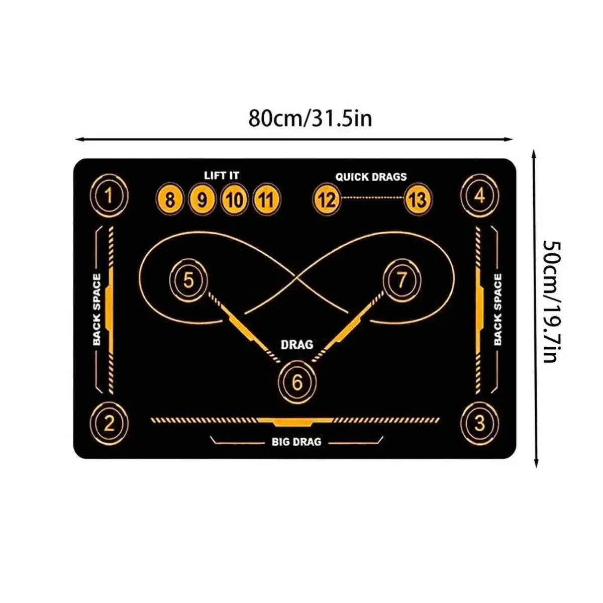 Black non slip hockey training gaming mat with gold numbered and labeled zones for stickhandling practice