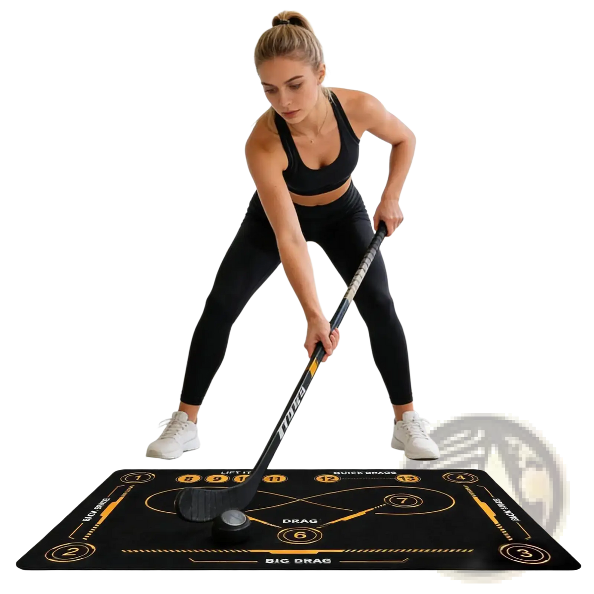 Black and gold non slip hockey training mat with numbered drills and big drag branding for stickhandling practice