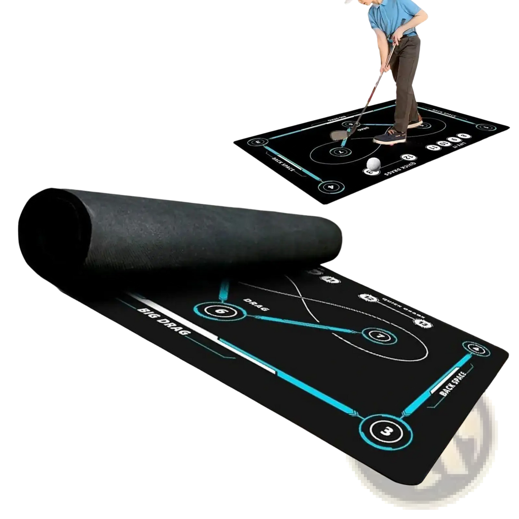 Black non slip hockey training mat with teal accents and printed instructional diagrams for stickhandling practice