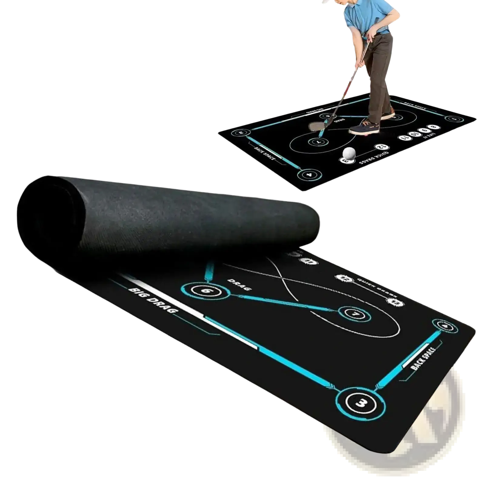 Black non slip hockey training mat with teal accents and printed instructional diagrams for stickhandling practice