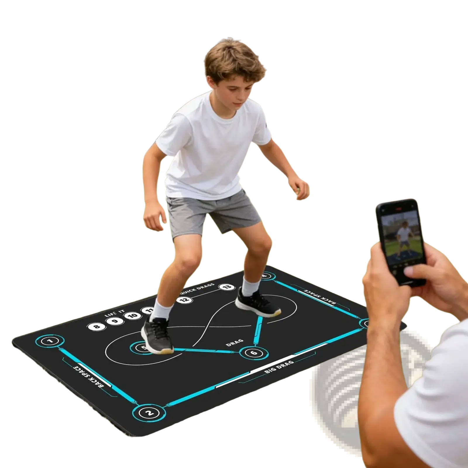Black non slip hockey training mat with teal glowing lines and white arrows for interactive stickhandling practice