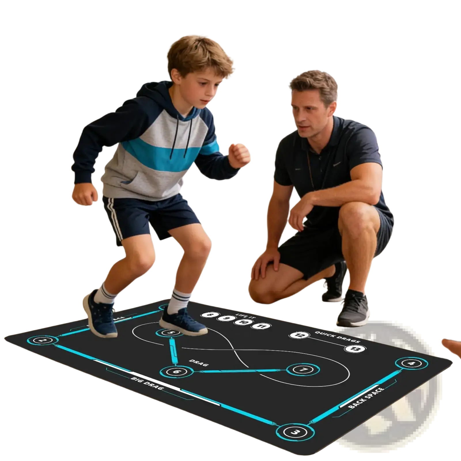 Black non slip hockey training mat with teal and white illuminated lines and numbered zones for stickhandling practice