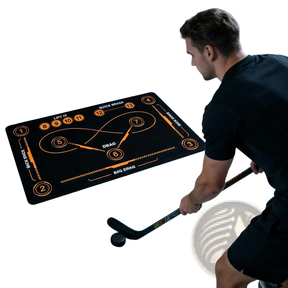 Black non slip hockey training mat with orange instructional markings and numbered zones for stickhandling drills