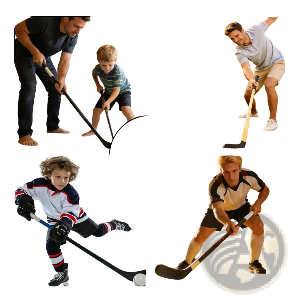 Black hockey stick with white puck on teal digital display of hockey training mat non slip stickhandling pad