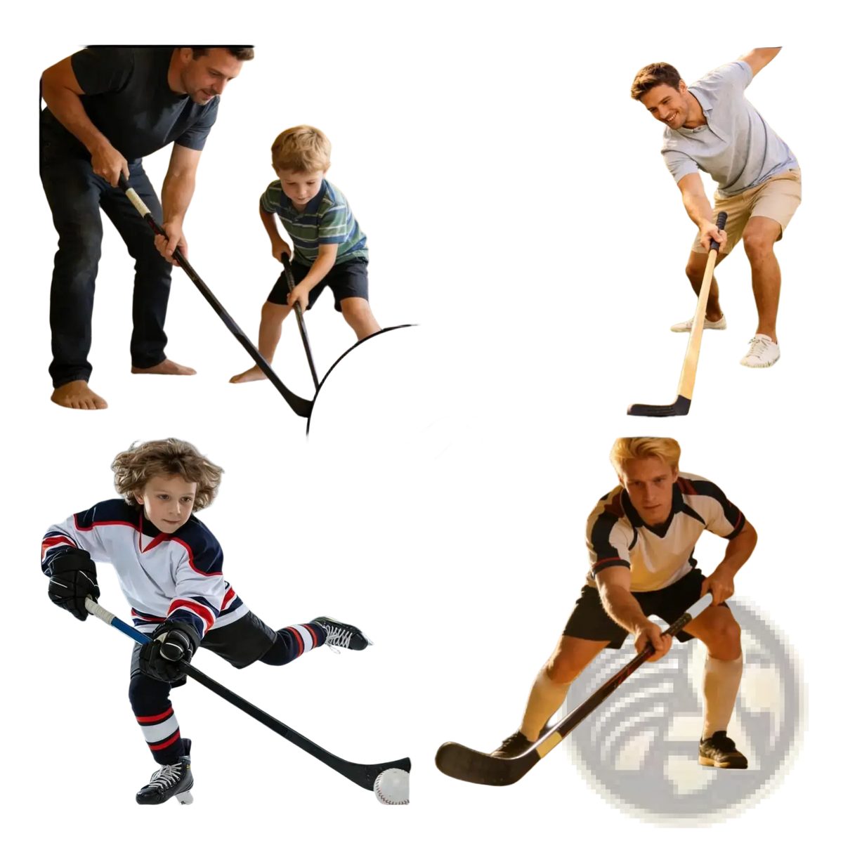 Black hockey stick with white puck on teal digital display of hockey training mat non slip stickhandling pad