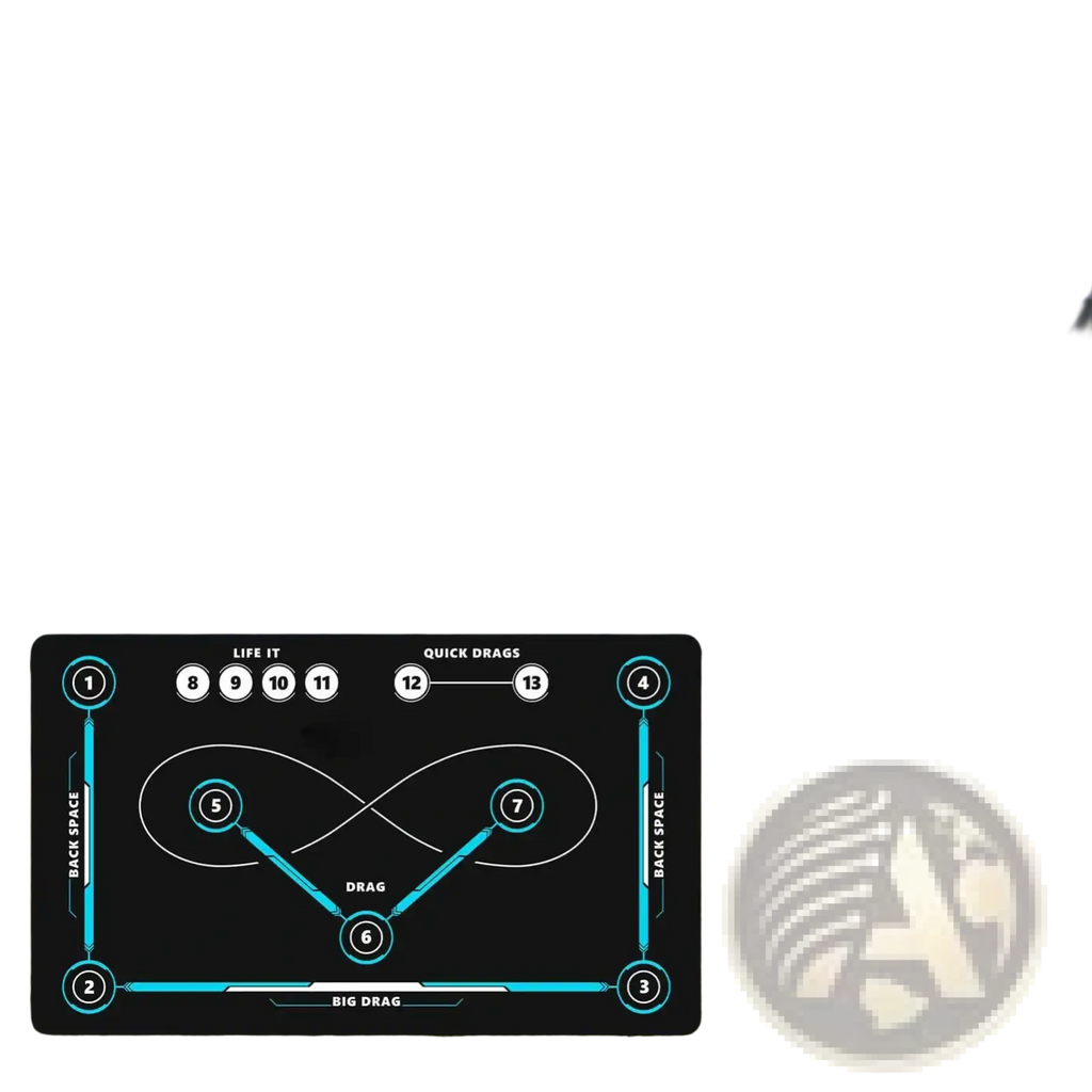 Black hockey training mat with teal accents and numbered drill diagrams non slip stickhandling pad for skill improvement