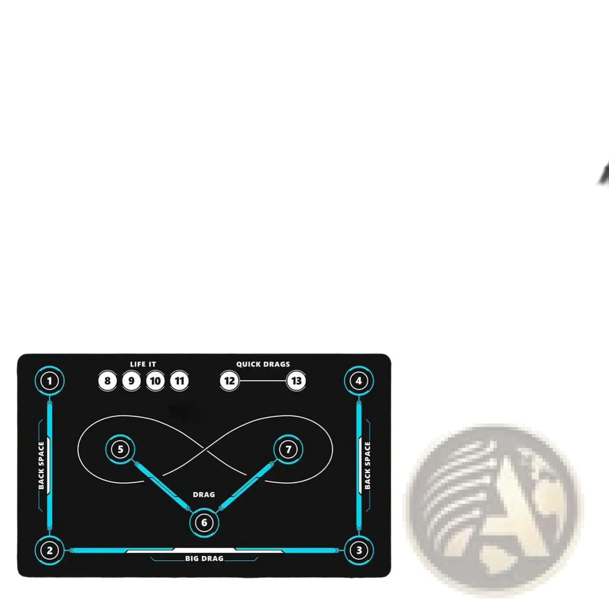 Black hockey training mat with teal accents and numbered drill diagrams non slip stickhandling pad for skill improvement