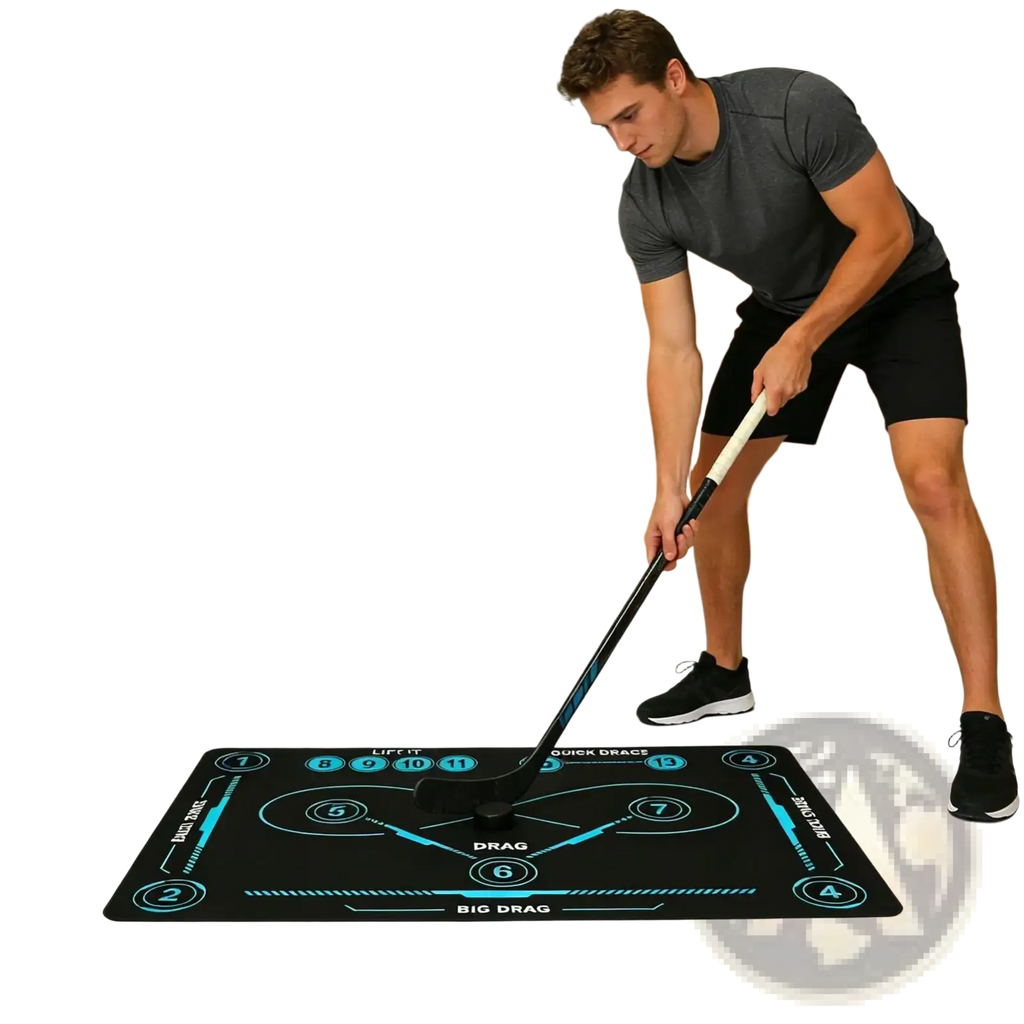 Black hockey training mat non slip stickhandling pad with teal glowing graphics and numbered drill zones