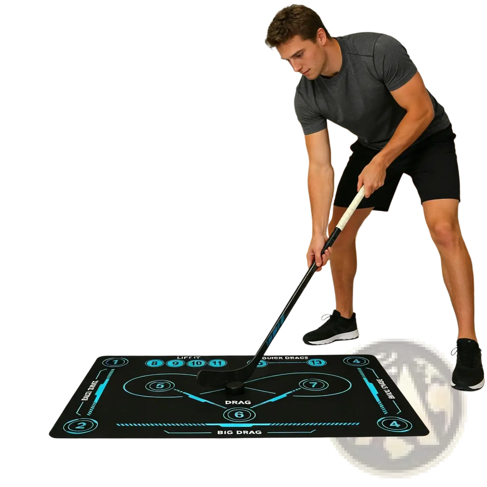 Black hockey training mat non slip stickhandling pad with teal glowing graphics and numbered drill zones