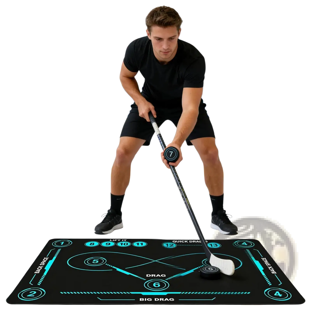 Black non slip hockey training mat with teal glowing markings and numbered drill stations for stickhandling practice