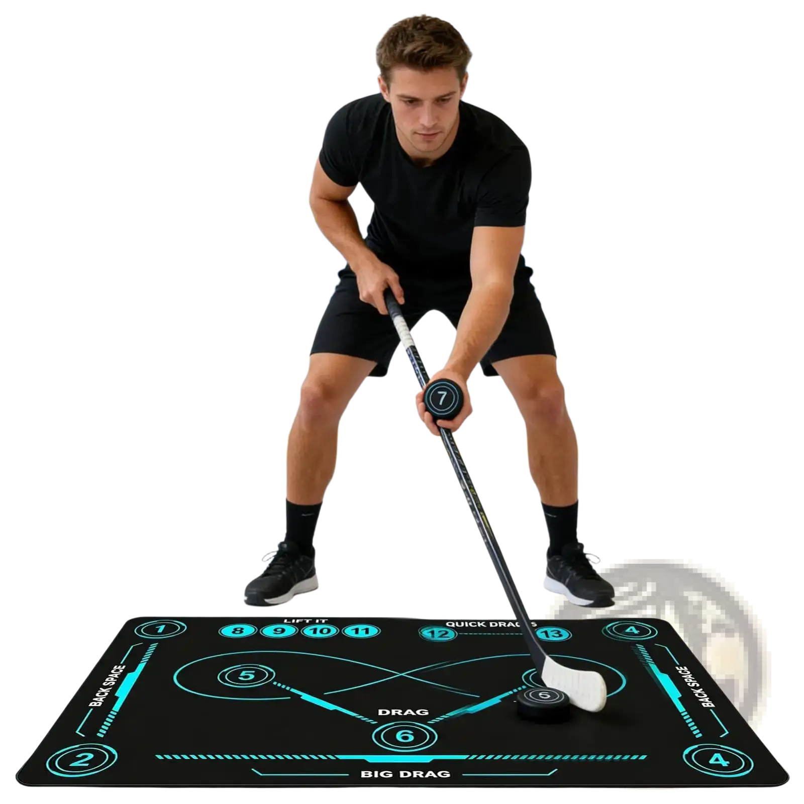 Black non slip hockey training mat with teal glowing markings and numbered drill stations for stickhandling practice