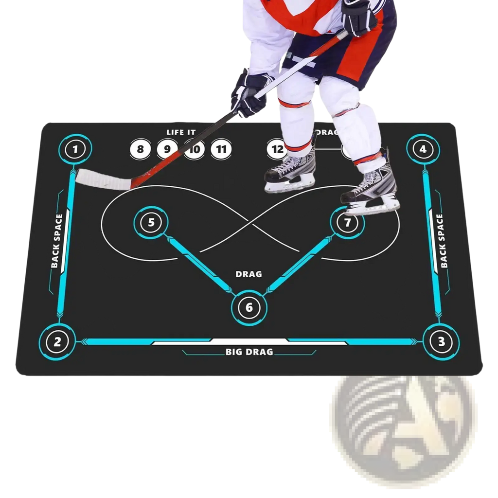 Black hockey training mat with non slip stickhandling pad featuring teal and white drill markings for skill drills