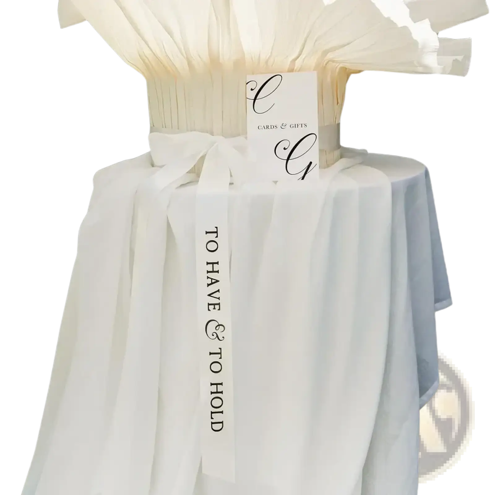 White satin wedding ribbon band featuring black cursive text to have and to hold for bridal use