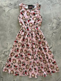 Pink cotton 1950s vintage midi dress with festive hedgehog santa hat pattern and holiday stockings and holly design