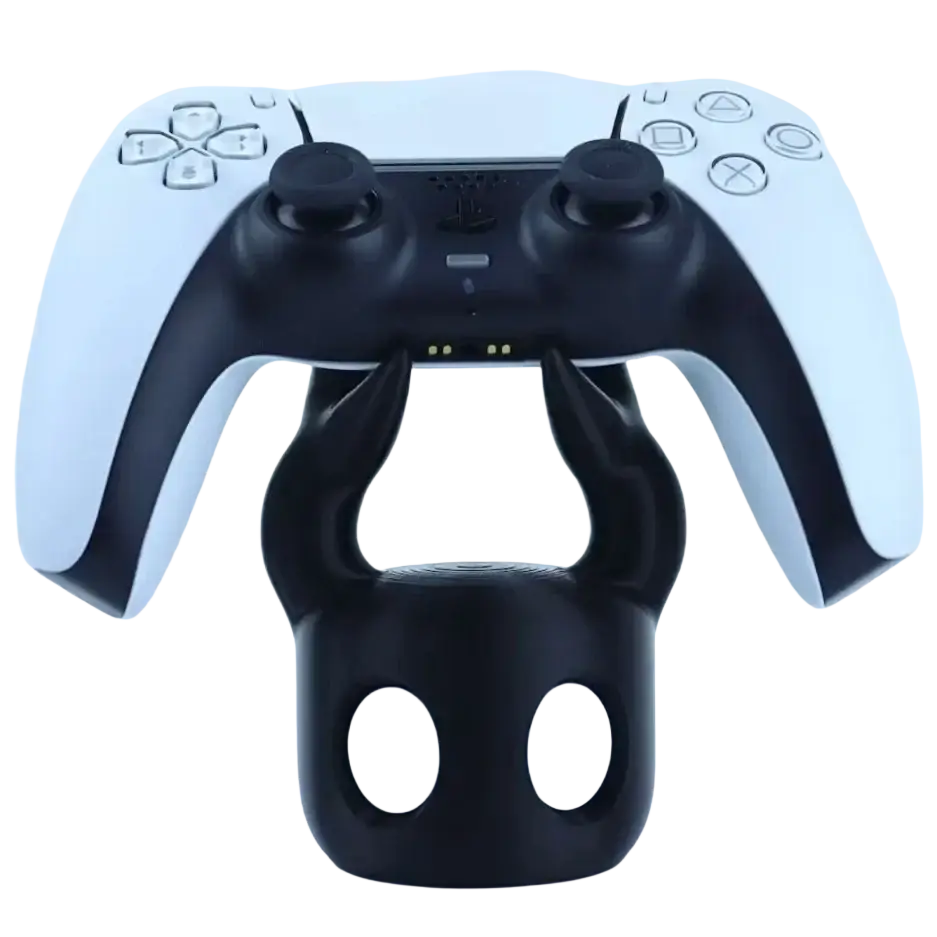 Black devil-themed hollow knight ps5 game controller stand holding a white and black dualsense controller