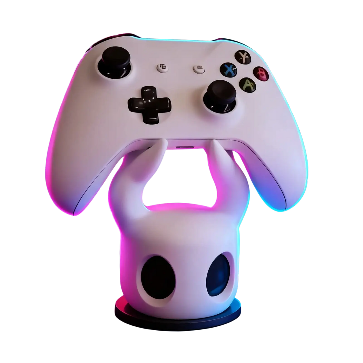White hollow knight game controller stand for ps5 with black circular cutouts and glowing neon accents