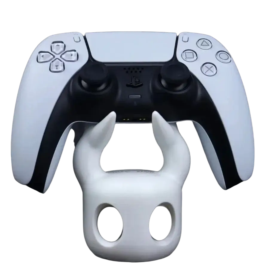 White hollow knight-themed hollow knight game controller stand for ps5 holding a dualsense controller