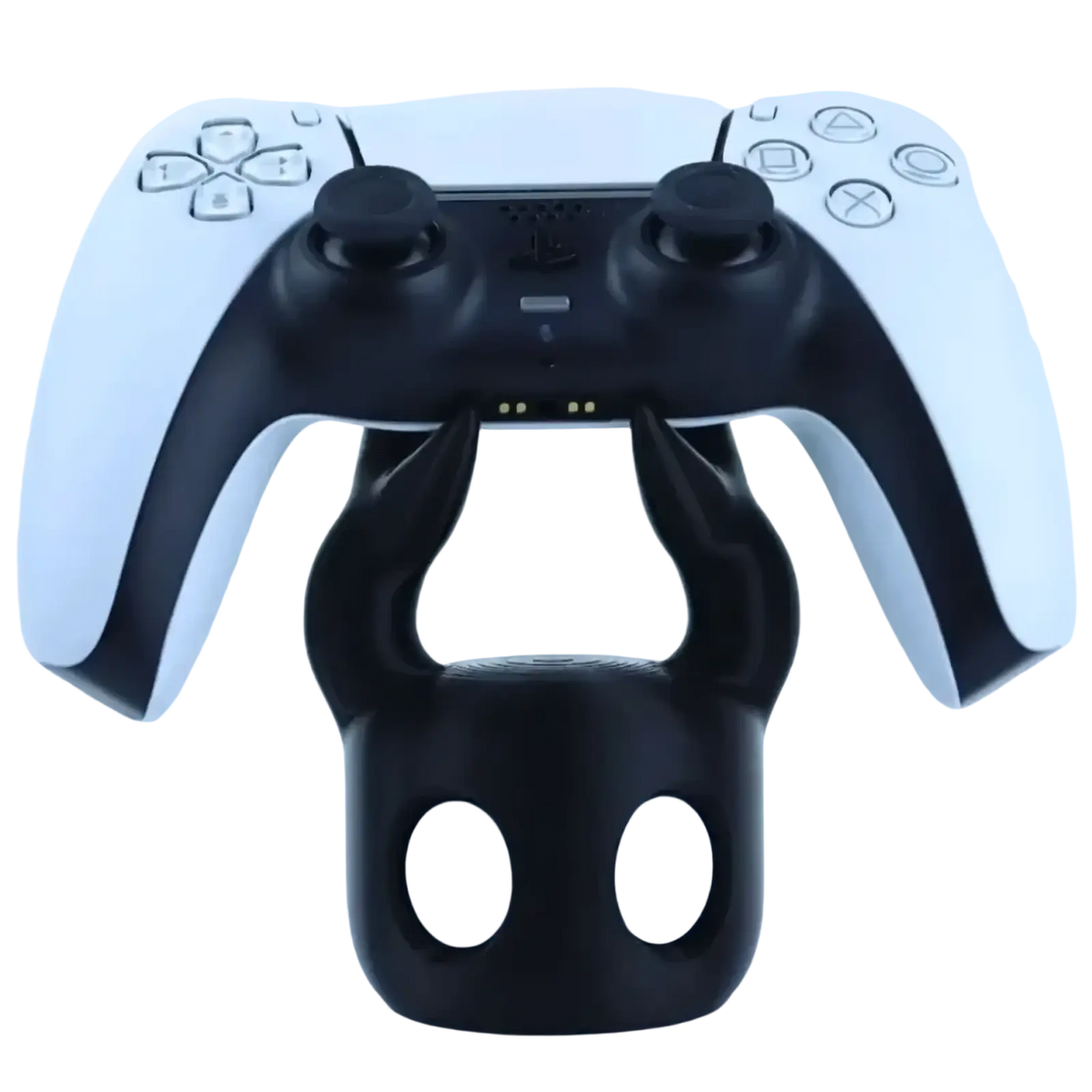 Black devil-themed hollow knight gaming controller stand holding a white and black playstation 5 dualsense controller