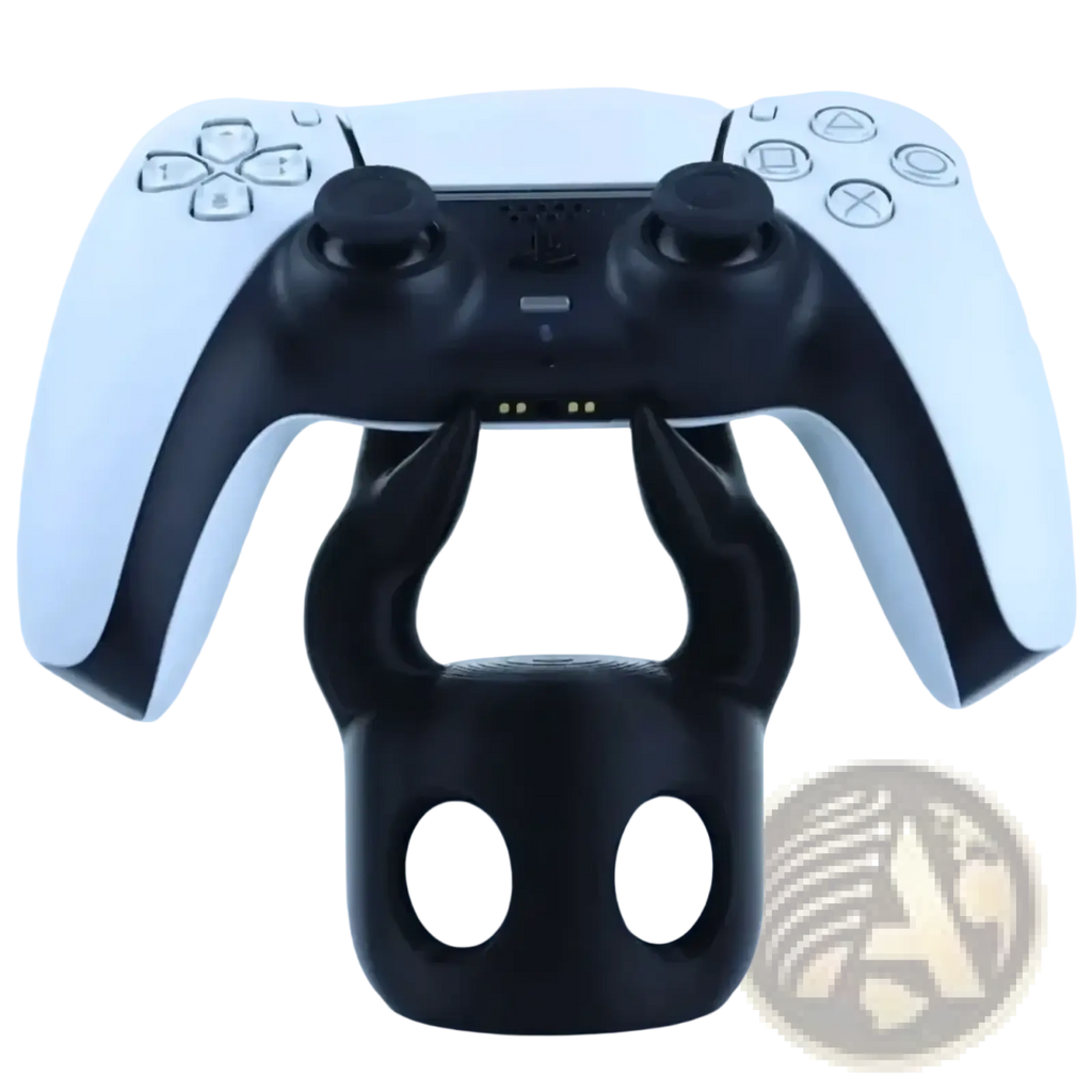 Black devil-themed hollow knight gaming controller stand holding a white and black playstation 5 dualsense controller