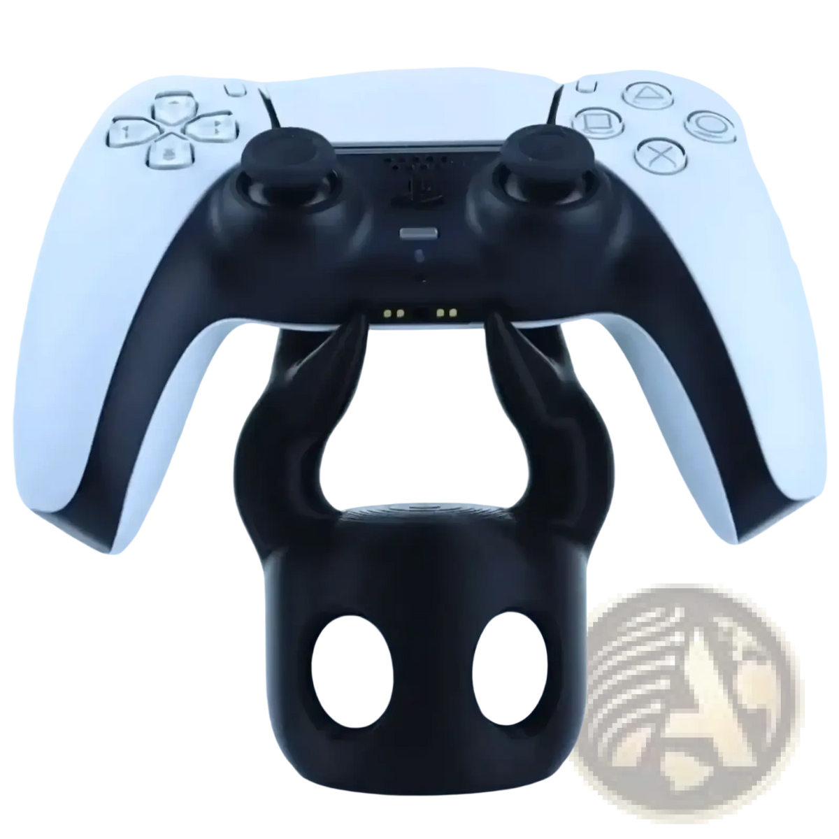 Black devil-themed hollow knight gaming controller stand holding a white and black playstation 5 dualsense controller