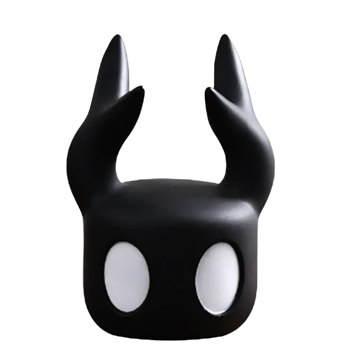 Black glossy hollow knight gaming controller stand with two pointed horns and large white oval eyes