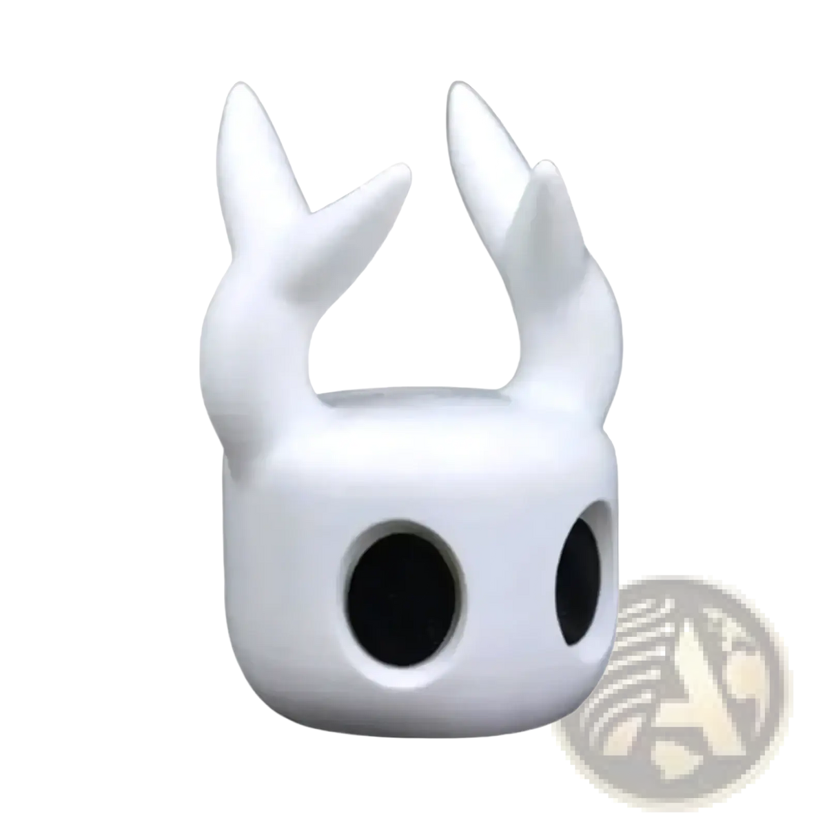 White smooth-surfaced hollow knight gaming controller stand figurine with upward-curving horn-like protrusions and black eye sockets