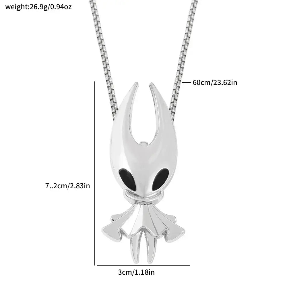 Silver hollow knight pendant necklace featuring a sleek stylized design with black eye accents for gaming fans